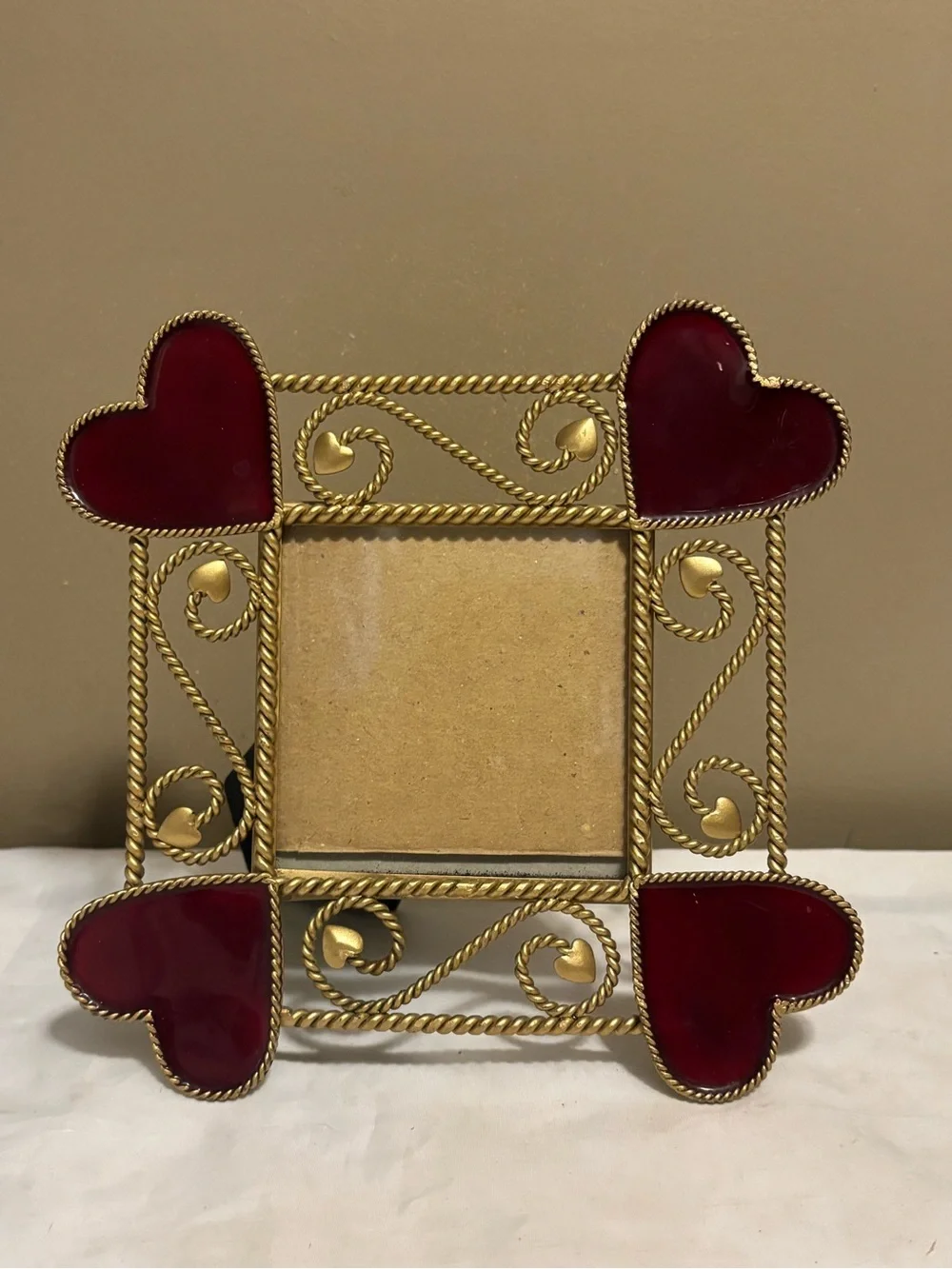 Gold Metal Photo Frame with Red Heart Accents